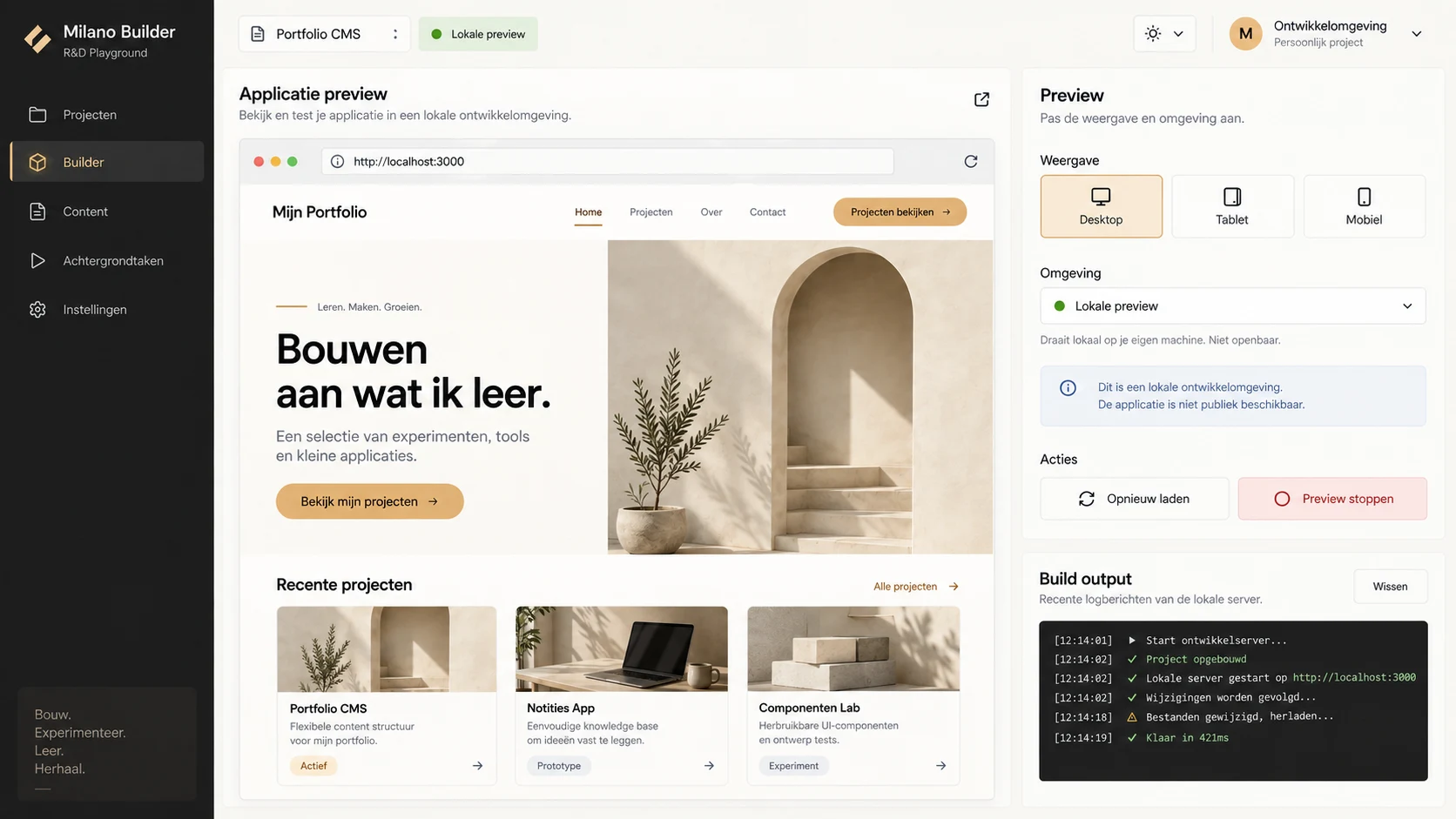 Gegenereerde applicatiepreview in Milano Builder