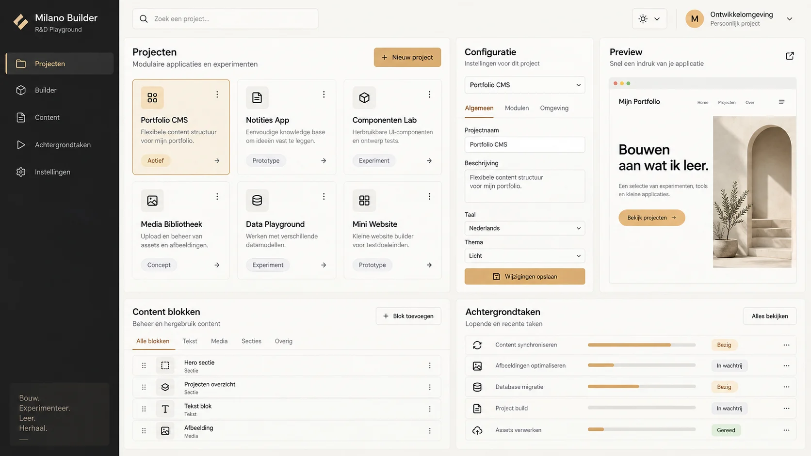 Overzicht van het Milano Builder-dashboard