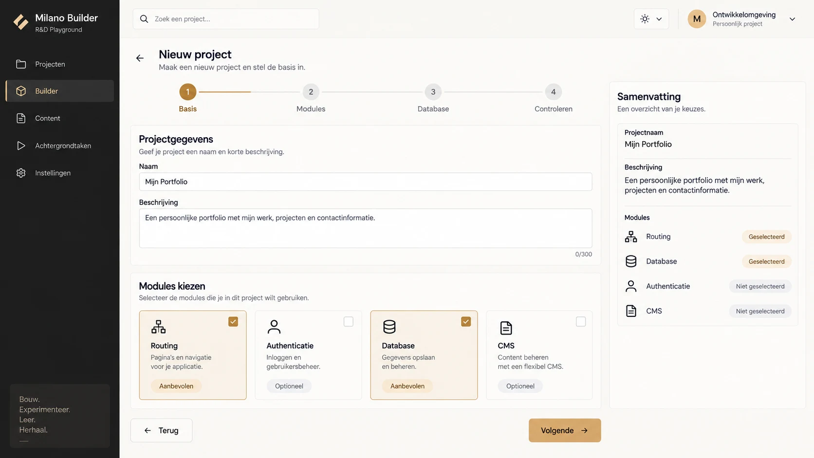 Projectwizard in Milano Builder